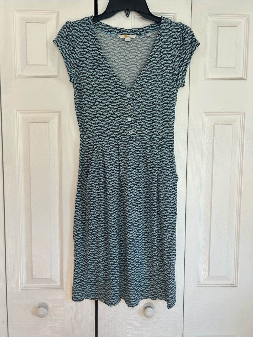 Boden Blue Wave-Print V‑Neck Cap Sleeve Dress
